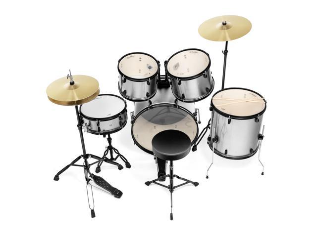 Ashthorpe 5-Piece Complete Full Size Adult Drum Set with Remo Batter Heads - Silver