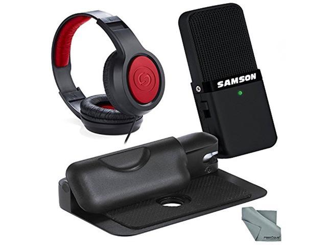 Samson Go Mic Portable USB Microphone for Mac & PC (Black) and Accessory Bundle With Closed-Back Stereo Headphones + Fibertique Cleaning Cloth