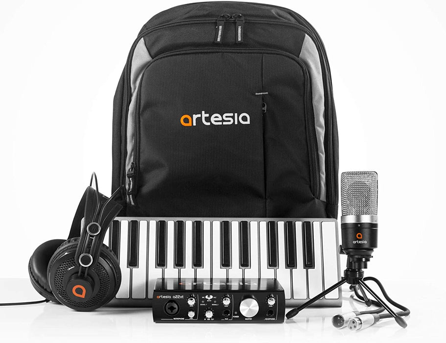 Artesia ARB-6 Backpack Recording Studio Bundle w/Xkey 25-key MIDI Keyboard & Case + Professional 24-bit USB Audio Interface + Studio Monitor Headphones + Cardioid Condenser Microphone + Backpack - Soundporium Music Store