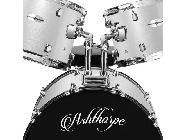 Ashthorpe 5-Piece Full Size Adult Drum Set with Remo Heads & Premium Brass Cymbals - Complete Professional Percussion Kit with Chrome Hardware - Silver