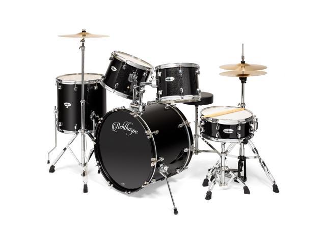 Ashthorpe 5-Piece Full Size Adult Drum Set with Remo Heads & Premium Brass Cymbals - Complete Professional Percussion Kit with Chrome Hardware - Black