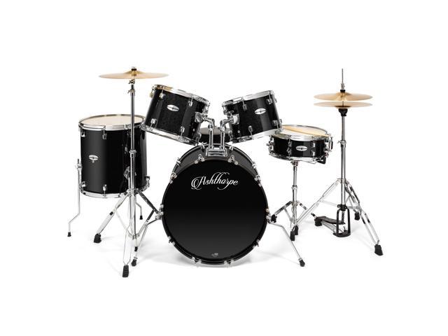 Ashthorpe 5-Piece Full Size Adult Drum Set with Remo Heads & Premium Brass Cymbals - Complete Professional Percussion Kit with Chrome Hardware - Black