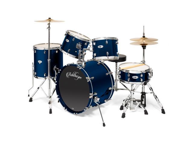 Ashthorpe 5-Piece Full Size Adult Drum Set with Remo Heads & Premium Brass Cymbals - Complete Professional Percussion Kit with Chrome Hardware - Blue